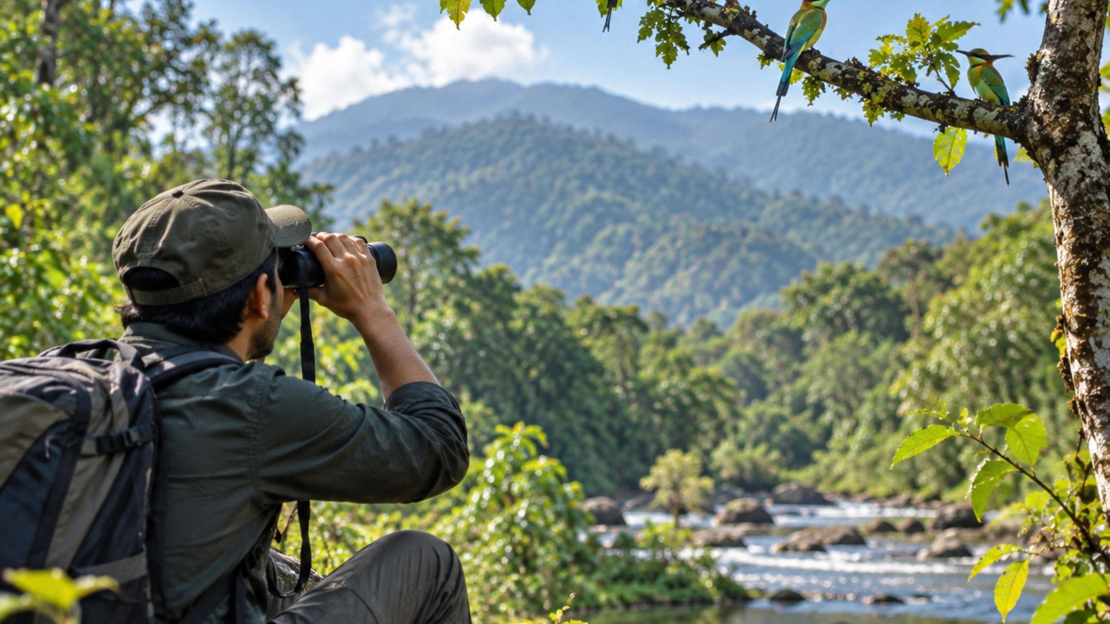 Birdwatching in Sakleshpur with a colorful bird in the Western Ghats.