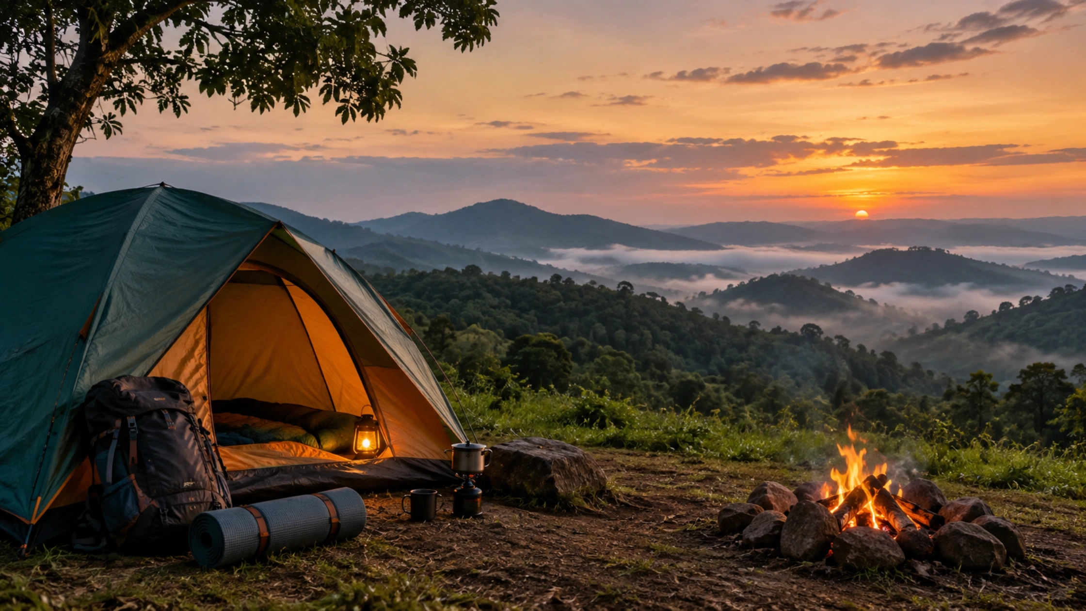 Camping in Sakleshpur with a tent overlooking misty hills and a sunset.