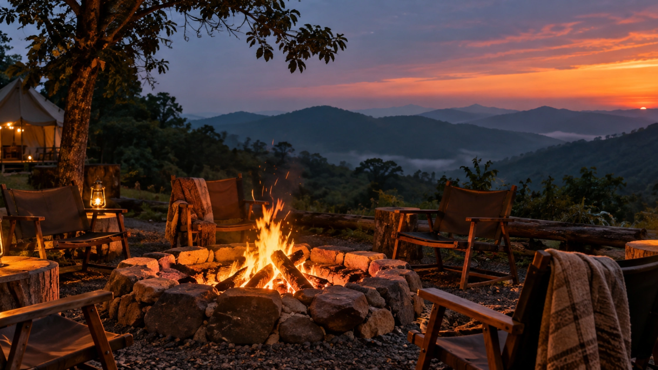 Cozy bonfire campsite overlooking misty Sakleshpur hills at sunset.