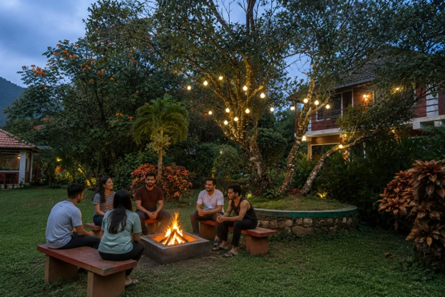 Families and couples enjoying recreational activities at
                            Streamedge Sakleshpur