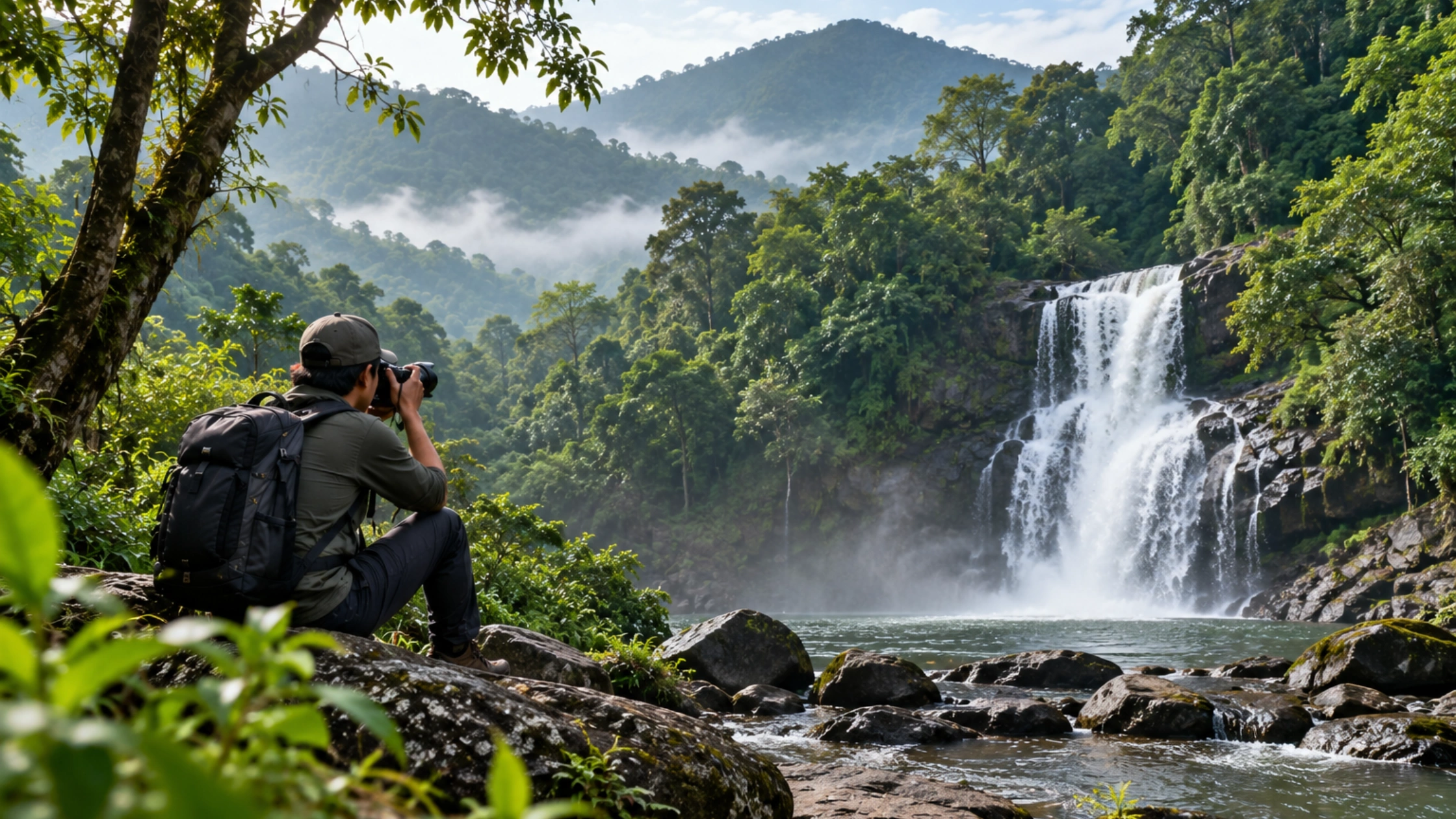 Photographer capturing a waterfall in Sakleshpur rainforest.