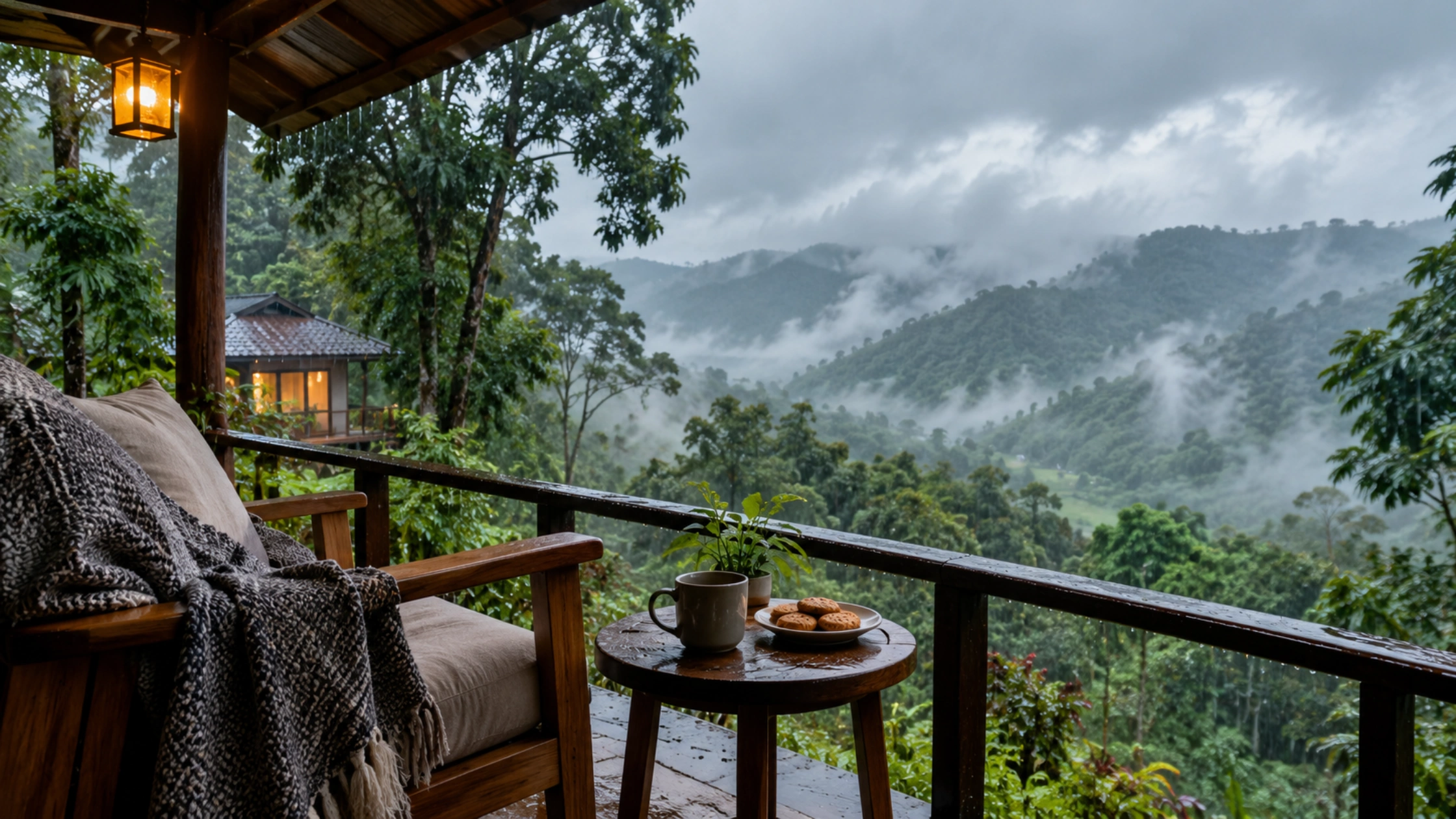 Rainy Sakleshpur landscape with misty hills and a cozy porch.