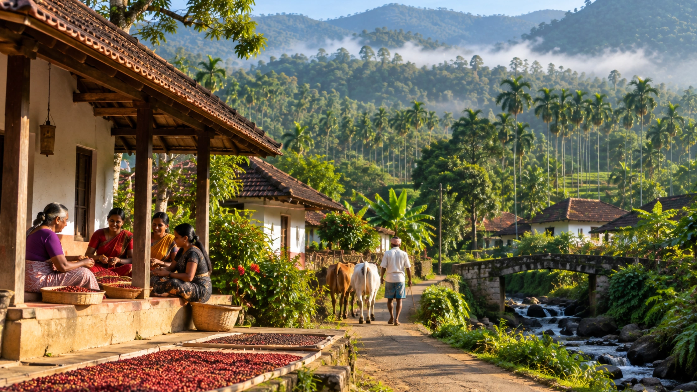 Sakleshpur village with local women, coffee drying, and misty hills.